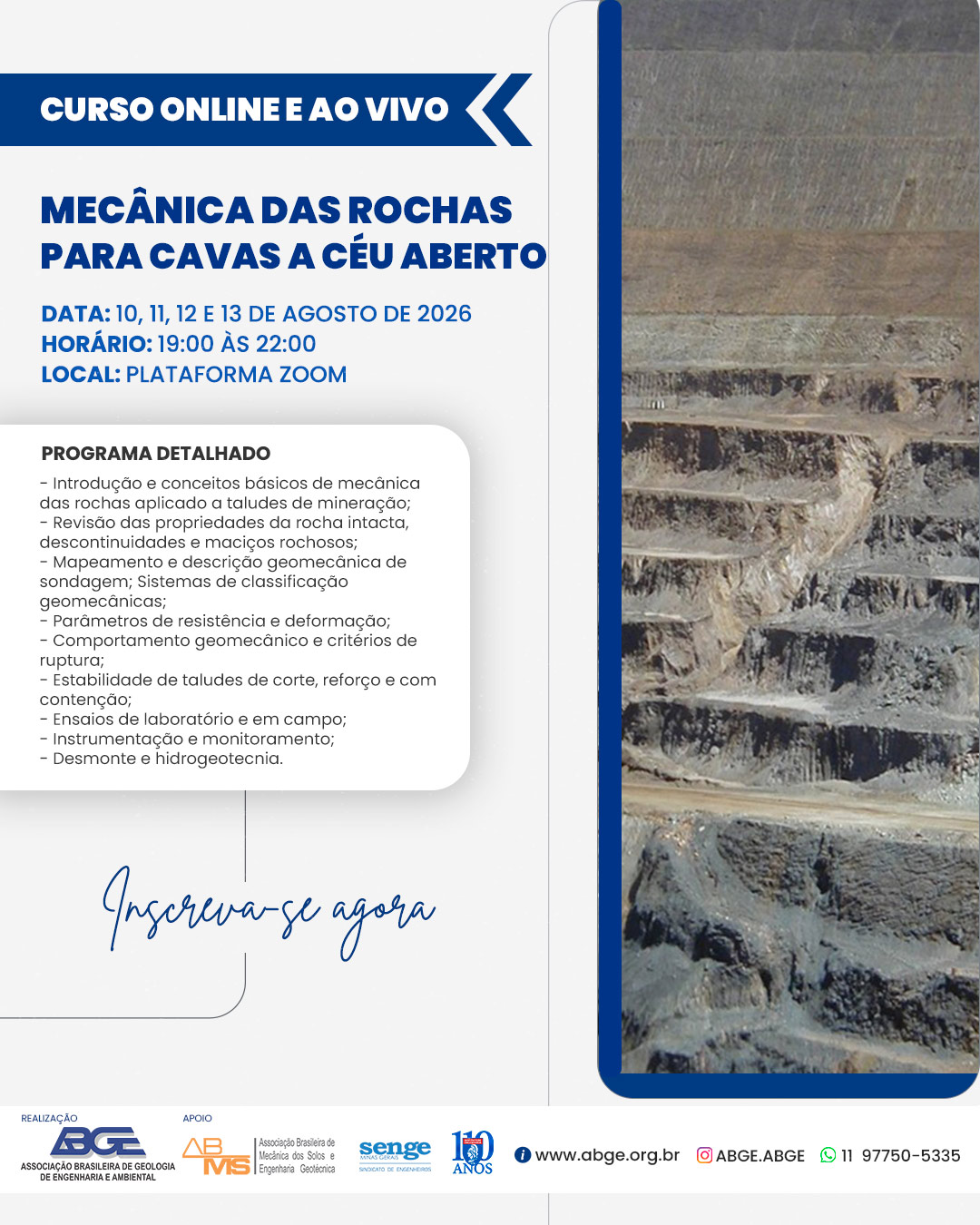 Capa do curso  CURSO: MECÂNICA DAS ROCHAS PARA CAVAS A CÉU ABERTO | AGOSTO